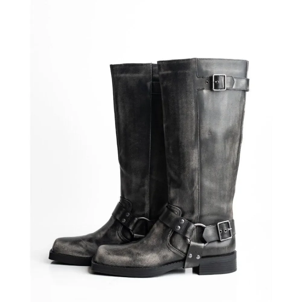Pull&Bear Womens Leather Biker Boots Knee High Buckles EU 41 US 10 Gray distress